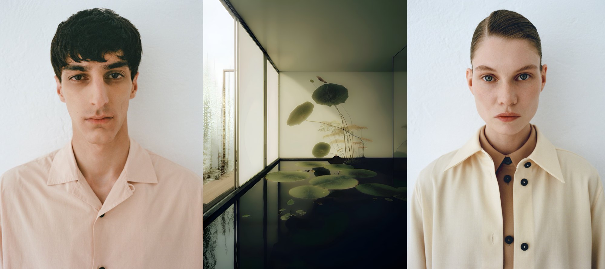BABOCHKA — spread: real portraits beside an AI still of a lotus pond